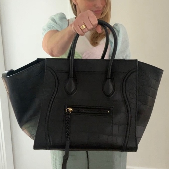 CELINE 
Crocodile Embossed Calfskin Medium Phantom Luggage Black - Picture 3 of 6